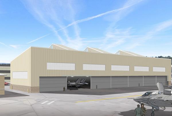 Rendering of airplane hangar.